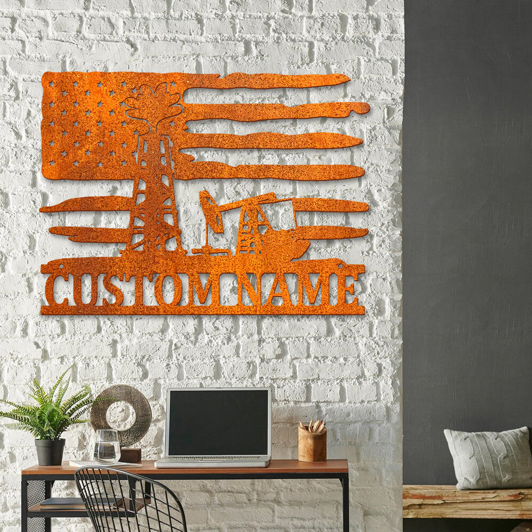Custom Us Flag Oil Rig Metal Wall Art, Personalized Oil Field Name Sign, Oil Rig Metal Sign Oilfield Decor, Dad Gift, Birthday Gift