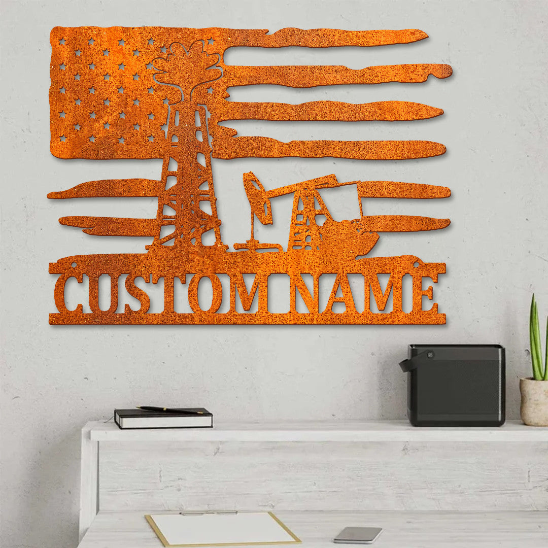 Custom Us Flag Oil Rig Metal Wall Art, Personalized Oil Field Name Sign, Oil Rig Metal Sign Oilfield Decor, Dad Gift, Birthday Gift