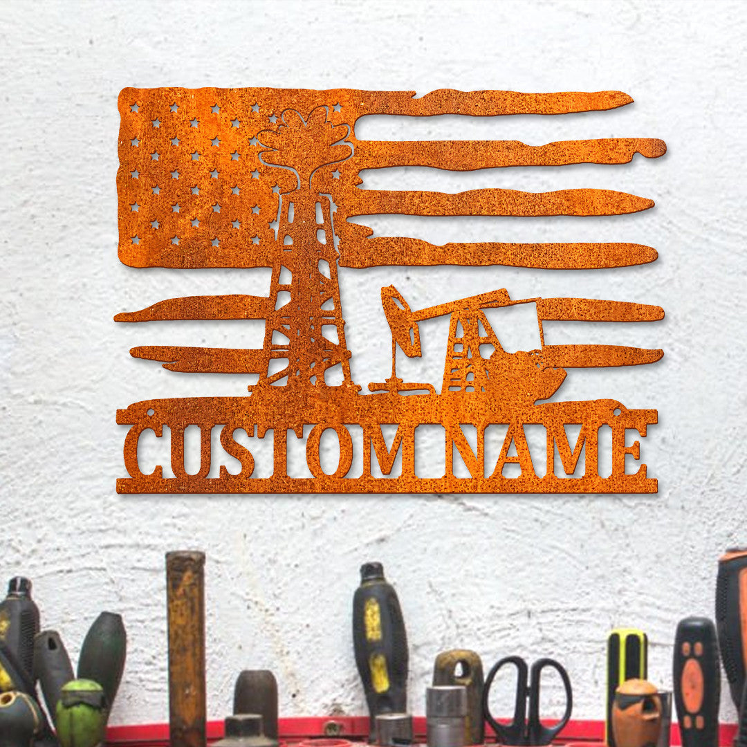 Custom Us Flag Oil Rig Metal Wall Art, Personalized Oil Field Name Sign, Oil Rig Metal Sign Oilfield Decor, Dad Gift, Birthday Gift