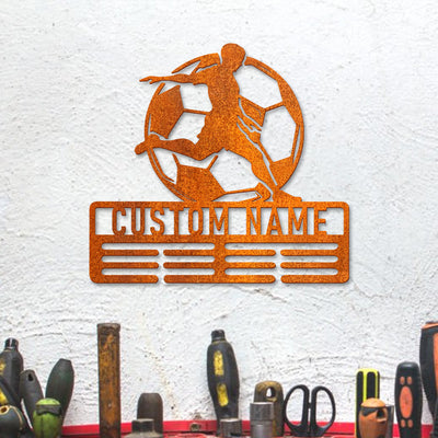 Soccer Sign Personalized Soccer Medal Holder, Custom Soccer Name Medal Hanger, 12 Rungs For Medals & Ribbon, Soccer Medal Display, Birthday Gift
