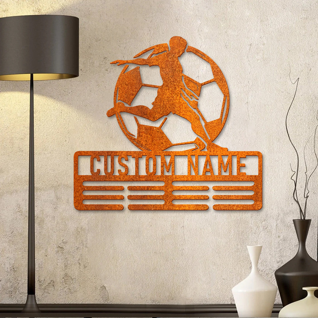 Soccer Sign Personalized Soccer Medal Holder, Custom Soccer Name Medal Hanger, 12 Rungs For Medals & Ribbon, Soccer Medal Display, Birthday Gift