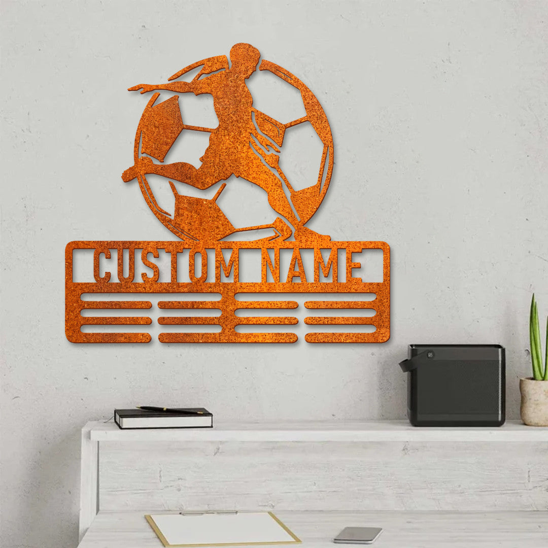Soccer Sign Personalized Soccer Medal Holder, Custom Soccer Name Medal Hanger, 12 Rungs For Medals & Ribbon, Soccer Medal Display, Birthday Gift