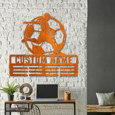 Soccer Sign Personalized Soccer Medal Holder, Custom Soccer Name Medal Hanger, 12 Rungs For Medals & Ribbon, Soccer Medal Display, Birthday Gift
