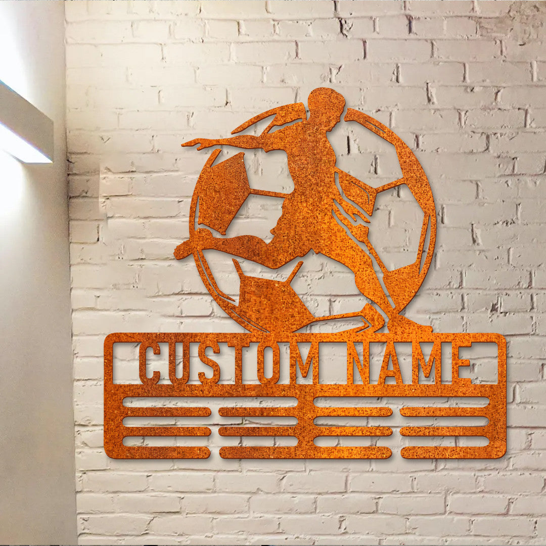 Soccer Sign Personalized Soccer Medal Holder, Custom Soccer Name Medal Hanger, 12 Rungs For Medals & Ribbon, Soccer Medal Display, Birthday Gift