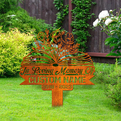 Personalized Floral Book Teacher Memorial Stake, Teacher Name Sign, Book Lover Gift Metal Stake, Sympathy Sign, Grave Marker, Remembrance Stake