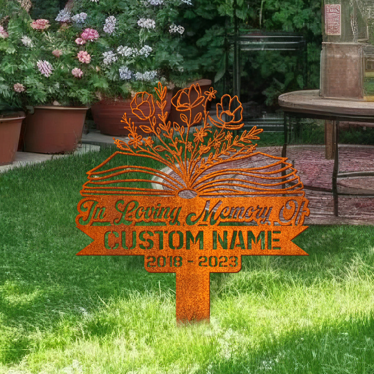 Personalized Floral Book Teacher Memorial Stake, Teacher Name Sign, Book Lover Gift Metal Stake, Sympathy Sign, Grave Marker, Remembrance Stake