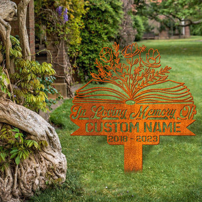 Personalized Floral Book Teacher Memorial Stake, Teacher Name Sign, Book Lover Gift Metal Stake, Sympathy Sign, Grave Marker, Remembrance Stake