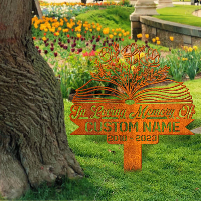 Personalized Floral Book Teacher Memorial Stake, Teacher Name Sign, Book Lover Gift Metal Stake, Sympathy Sign, Grave Marker, Remembrance Stake
