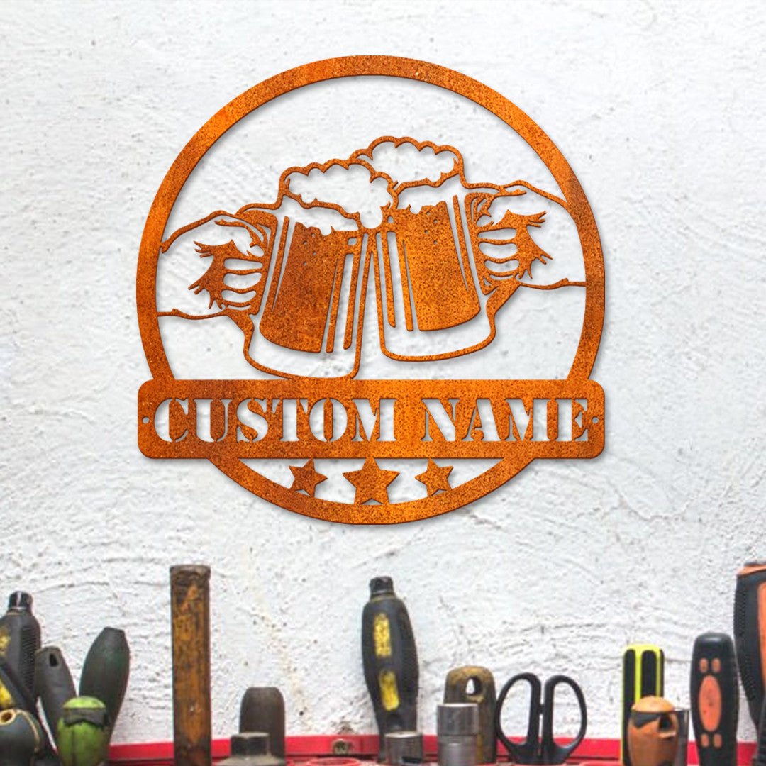 Custom Beer Bar Metal Wall Art Personalized Beer Mug Cheers Name Sign Home Decor Beer Bar Metal Sign Pub Decoration Dinking Man Cave Sign