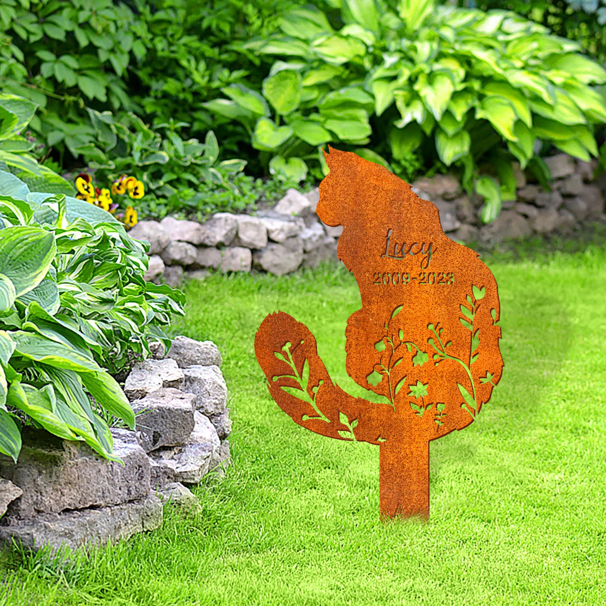 Personalized Fluffy Cat Memorial Stake, Cat Grave Markers, Pet Grave Markers, Garden Sign Remembrance Stake, Metal Fluffy Cat Sign, Floral Cat