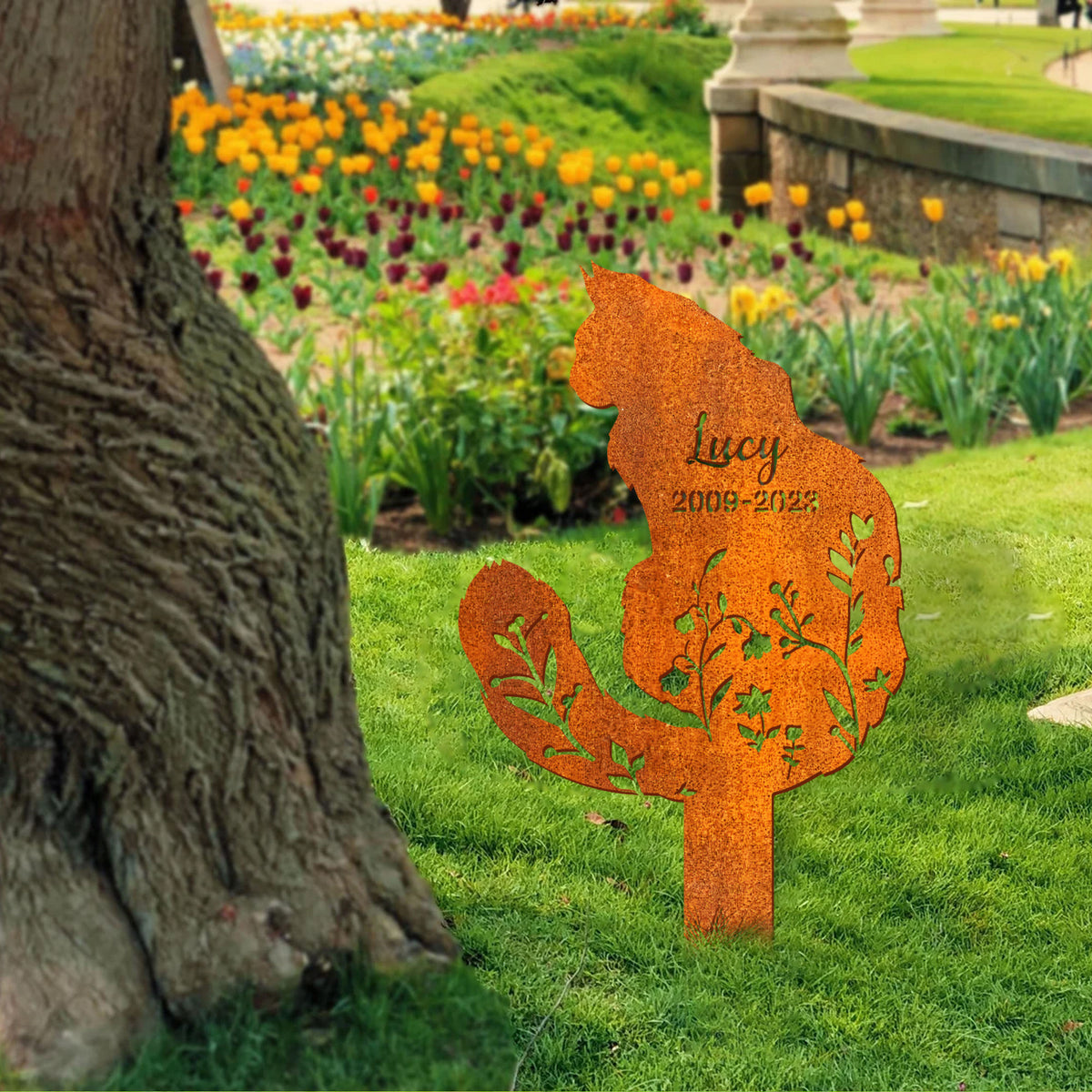 Personalized Fluffy Cat Memorial Stake, Cat Grave Markers, Pet Grave Markers, Garden Sign Remembrance Stake, Metal Fluffy Cat Sign, Floral Cat