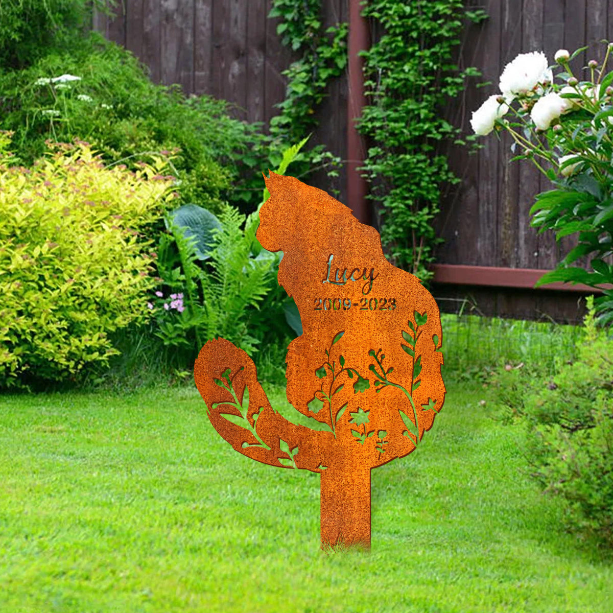 Personalized Fluffy Cat Memorial Stake, Cat Grave Markers, Pet Grave Markers, Garden Sign Remembrance Stake, Metal Fluffy Cat Sign, Floral Cat