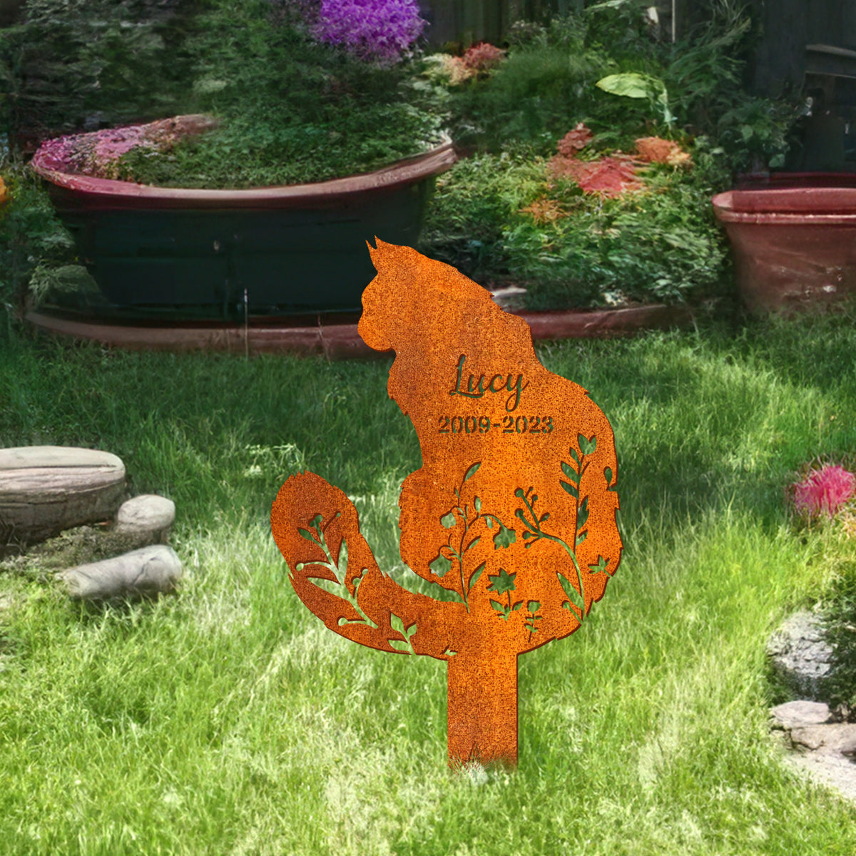 Personalized Fluffy Cat Memorial Stake, Cat Grave Markers, Pet Grave Markers, Garden Sign Remembrance Stake, Metal Fluffy Cat Sign, Floral Cat