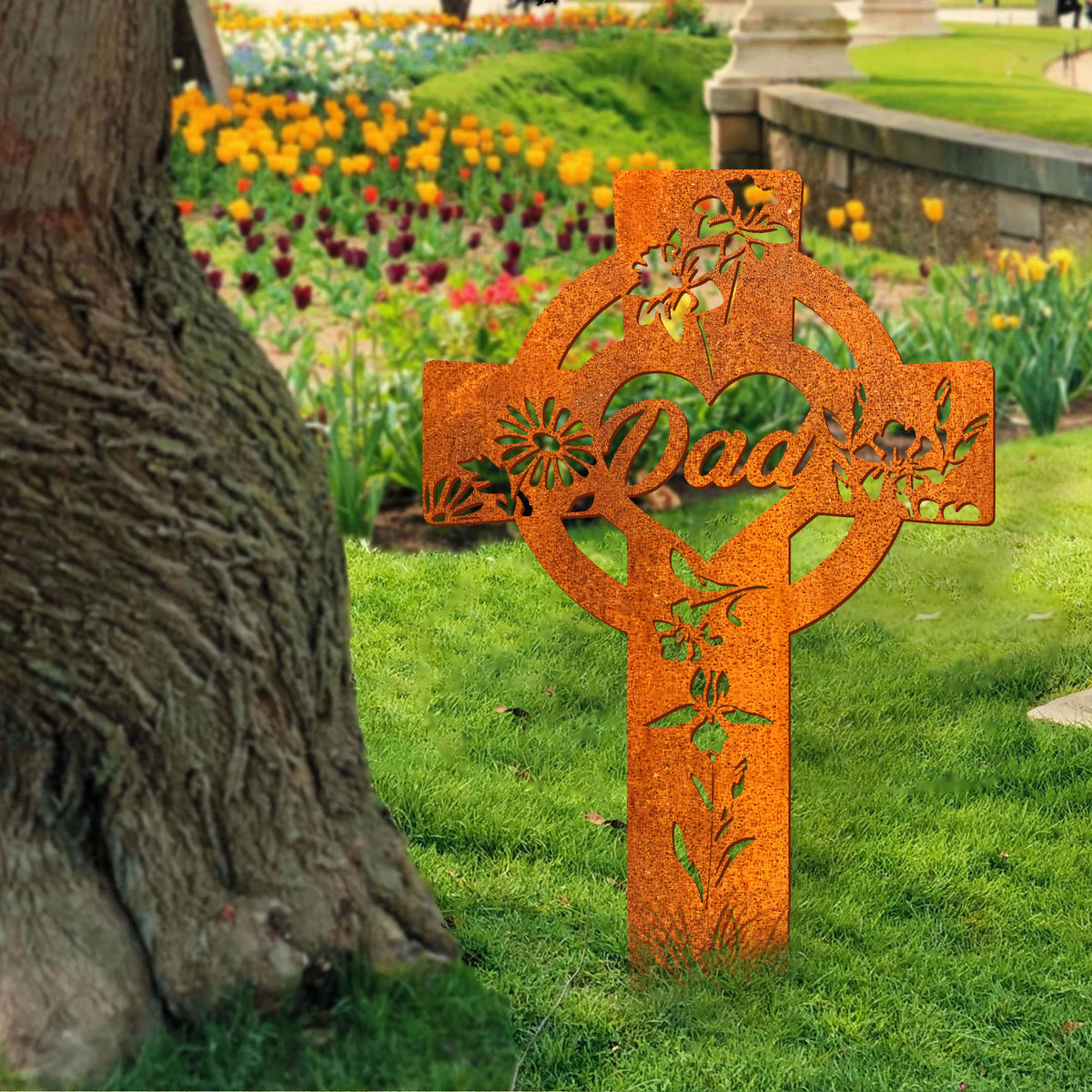 Personalized Flower Celtic Cross Memorial Metal Stake, Memorial Stake Garden Stake, Mom Loss, Sympathy Gift, Memory Plaque, Grave Marker