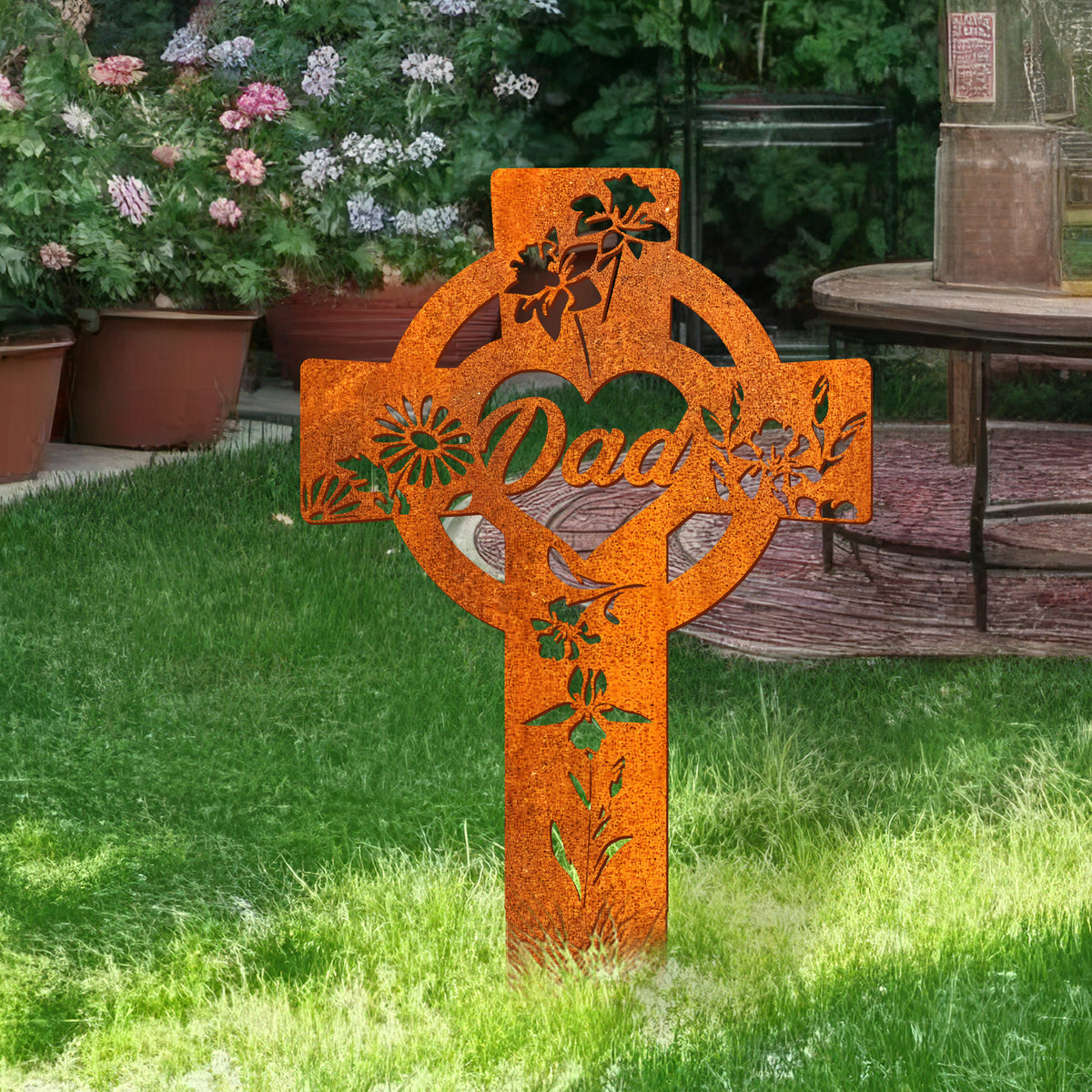 Personalized Flower Celtic Cross Memorial Metal Stake, Memorial Stake Garden Stake, Mom Loss, Sympathy Gift, Memory Plaque, Grave Marker