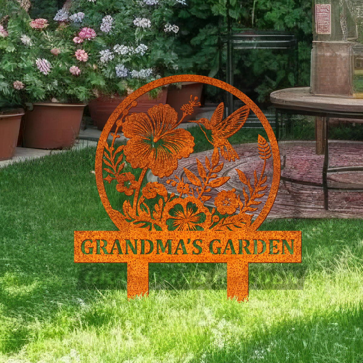 Personalized Garden Name Sign, Custom Hummingbird Metal Garden Stake, Metal Yard Sign, Garden Metal Art, Outdoor Gardening Gift, Garden Decor