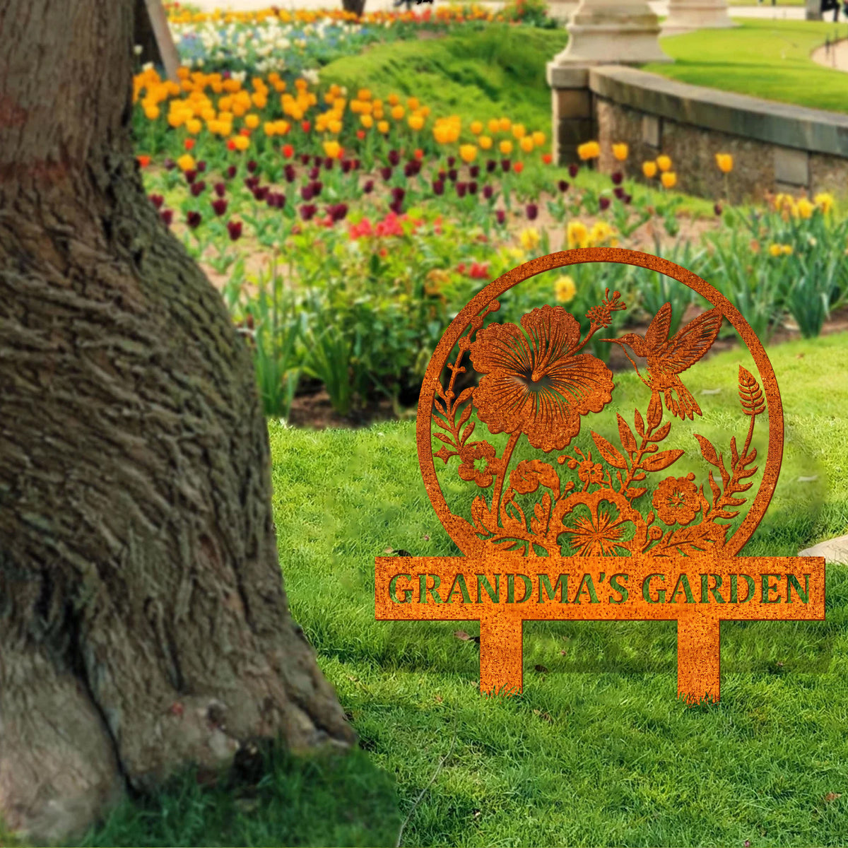 Personalized Garden Name Sign, Custom Hummingbird Metal Garden Stake, Metal Yard Sign, Garden Metal Art, Outdoor Gardening Gift, Garden Decor