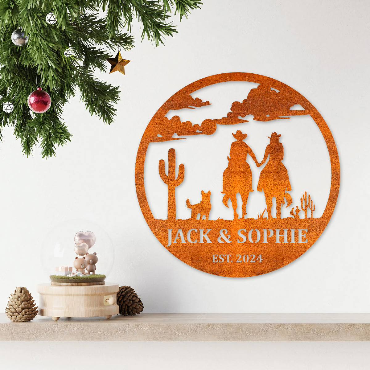 Custom Cowboy Cowgirl Couple Metal Wall Art Led Light Personalized Cowboy Name Sign Home Decor Horse Riding Barn Nursery Decor Couple Gift