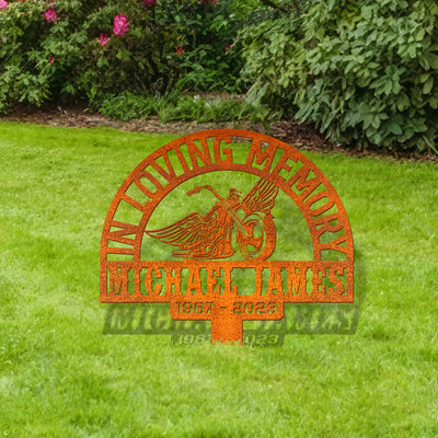 Custom Rider Memorial Metal Stake, Biker Memorial Stake, Motorcycle With Wings Metal Sign, Biker Name Sign, Loss Of Loved One, Grave Marker