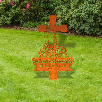 Personalized Cross With Praying Hand Memorial Stake, Remembrance Stake, Dad Loss, Mom Loss, Cross Stake, Sympathy Sign, Grave Marker