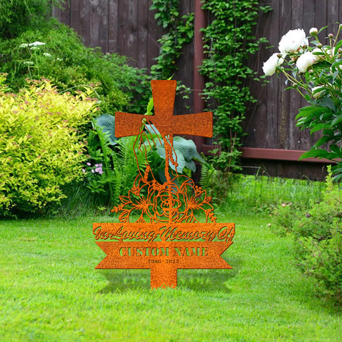 Personalized Cross With Praying Hand Memorial Stake, Remembrance Stake, Dad Loss, Mom Loss, Cross Stake, Sympathy Sign, Grave Marker