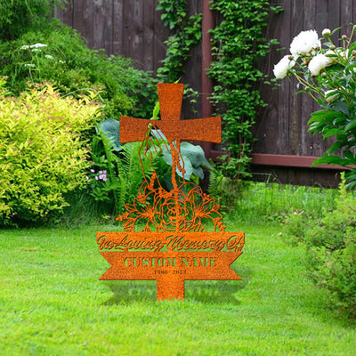 Personalized Cross With Praying Hand Memorial Stake, Remembrance Stake, Dad Loss, Mom Loss, Cross Stake, Sympathy Sign, Grave Marker