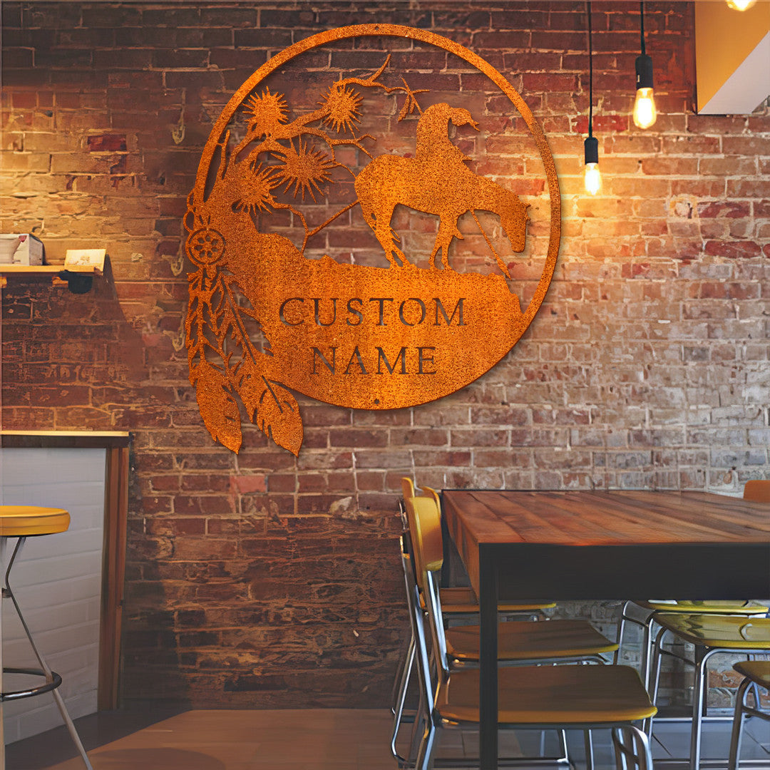Custom Native American With Horse Metal Wall Art Led Light, Father's Day Gift Indian Warrior Sign Decoration For Home Man Cave Decor Dad Gift