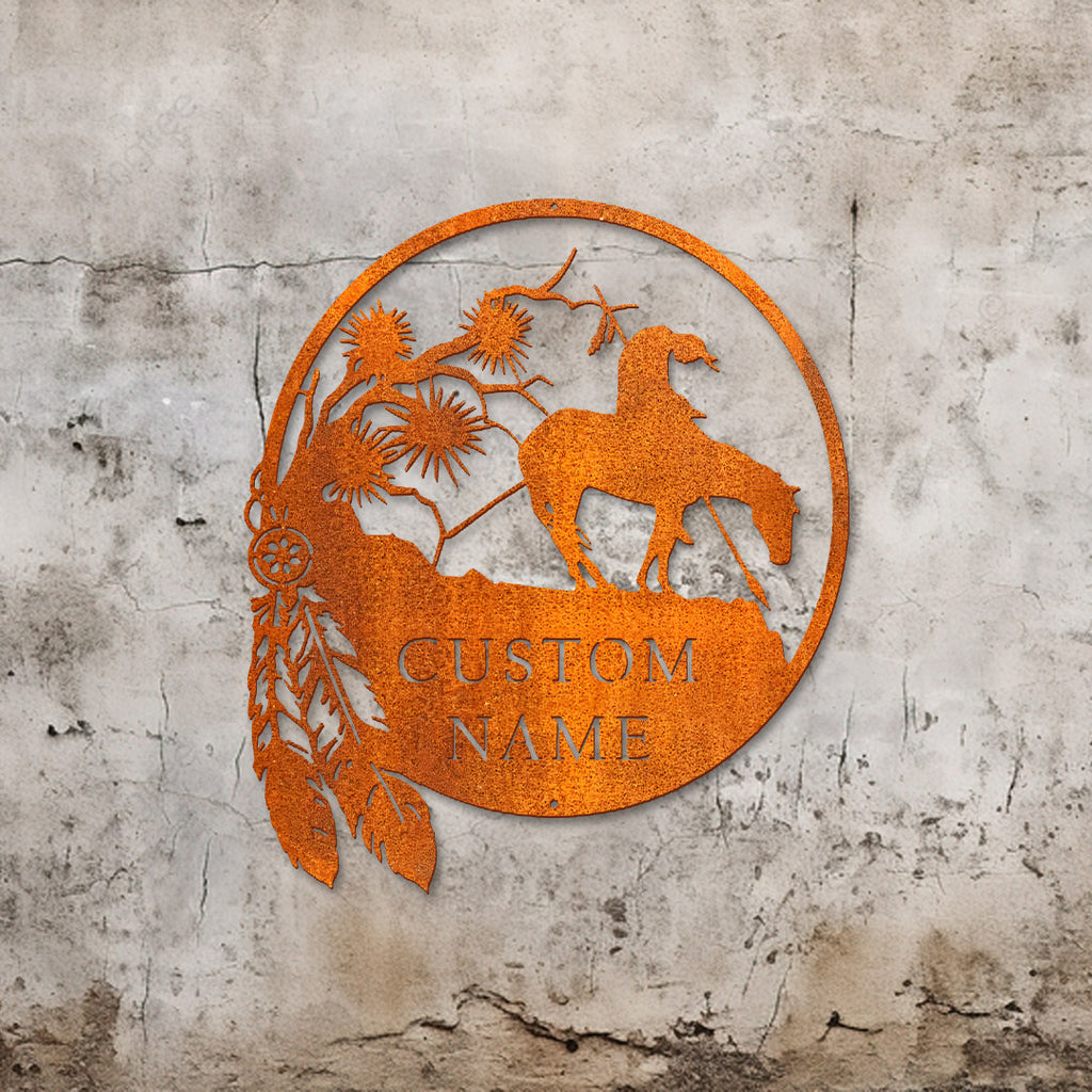 Custom Native American With Horse Metal Wall Art Led Light, Father's Day Gift Indian Warrior Sign Decoration For Home Man Cave Decor Dad Gift
