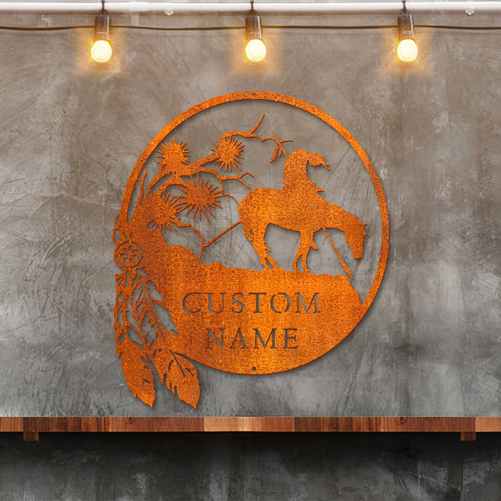 Custom Native American With Horse Metal Wall Art Led Light, Father's Day Gift Indian Warrior Sign Decoration For Home Man Cave Decor Dad Gift