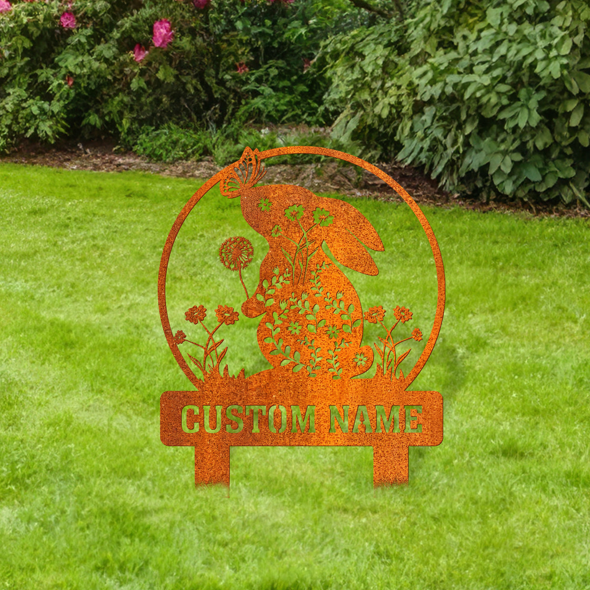 Personalized Floral Rabbit Metal Garden Stake, Flower Bunny Garden Sign, Custom Yard Sign, Rabbit Memorial Stake Garden Decor Bunny Lover Gift
