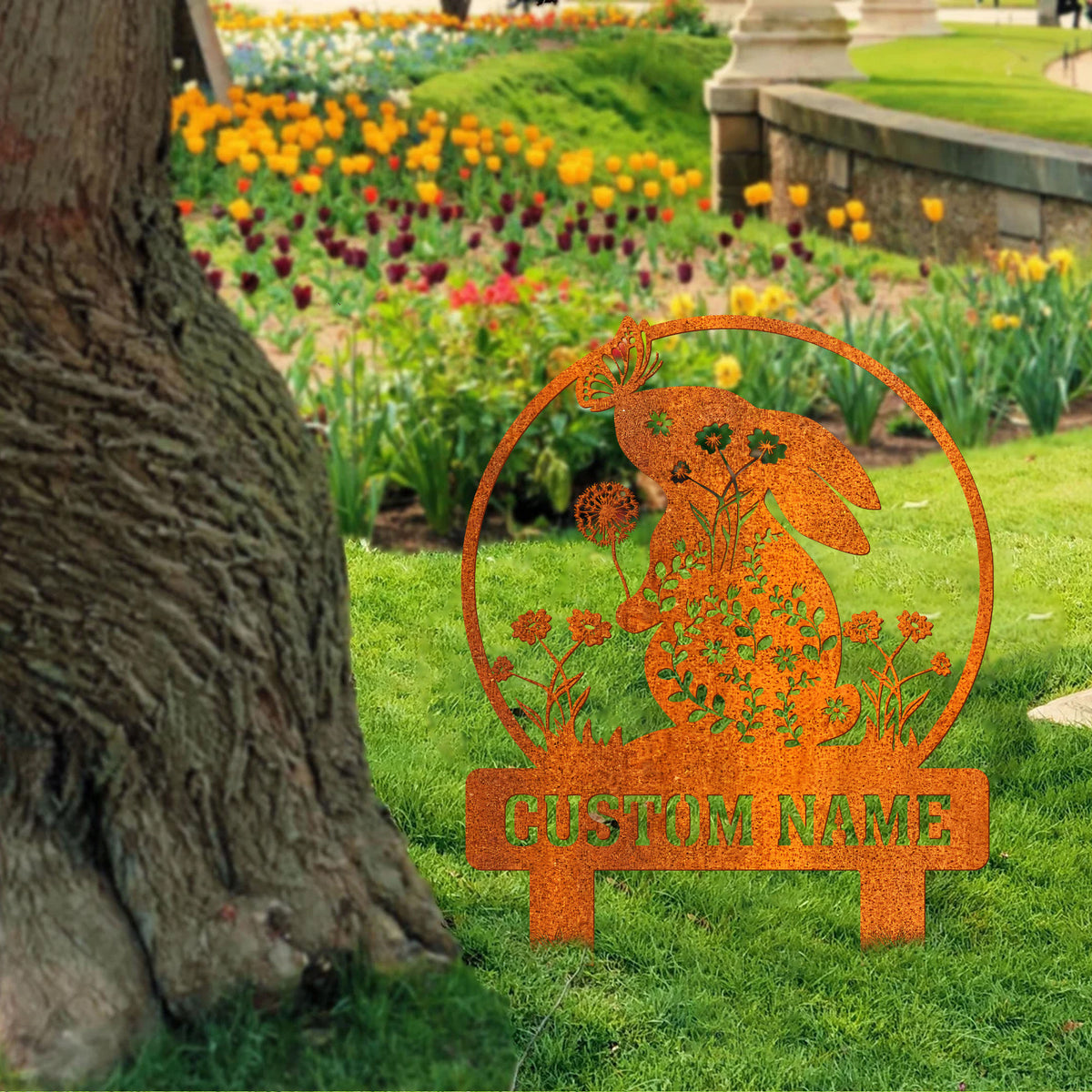 Personalized Floral Rabbit Metal Garden Stake, Flower Bunny Garden Sign, Custom Yard Sign, Rabbit Memorial Stake Garden Decor Bunny Lover Gift