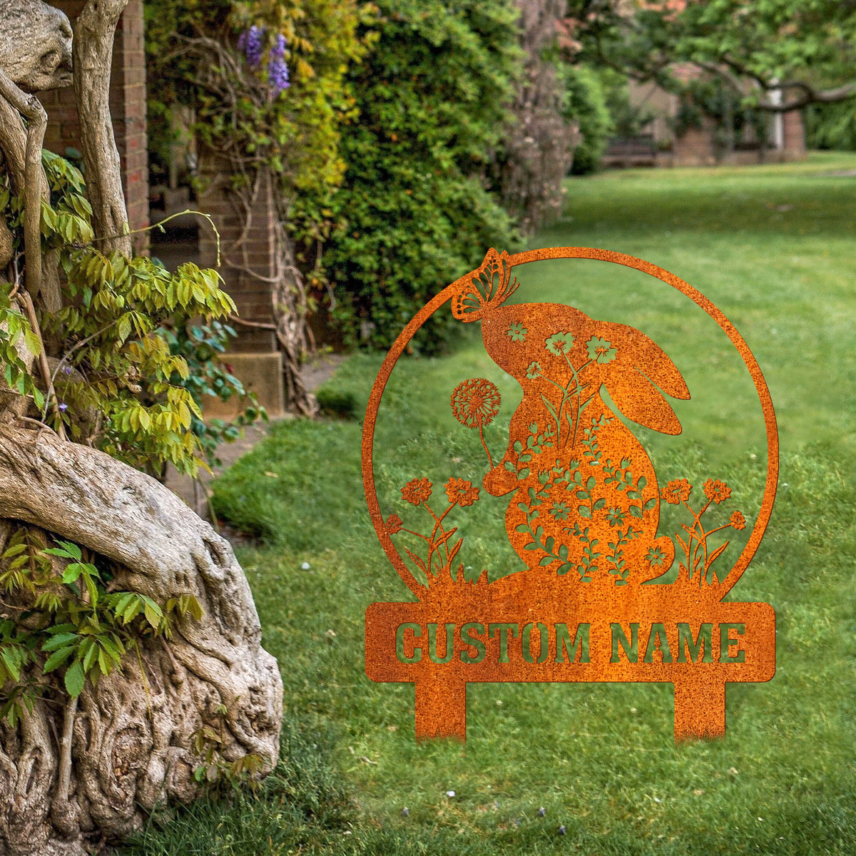 Personalized Floral Rabbit Metal Garden Stake, Flower Bunny Garden Sign, Custom Yard Sign, Rabbit Memorial Stake Garden Decor Bunny Lover Gift