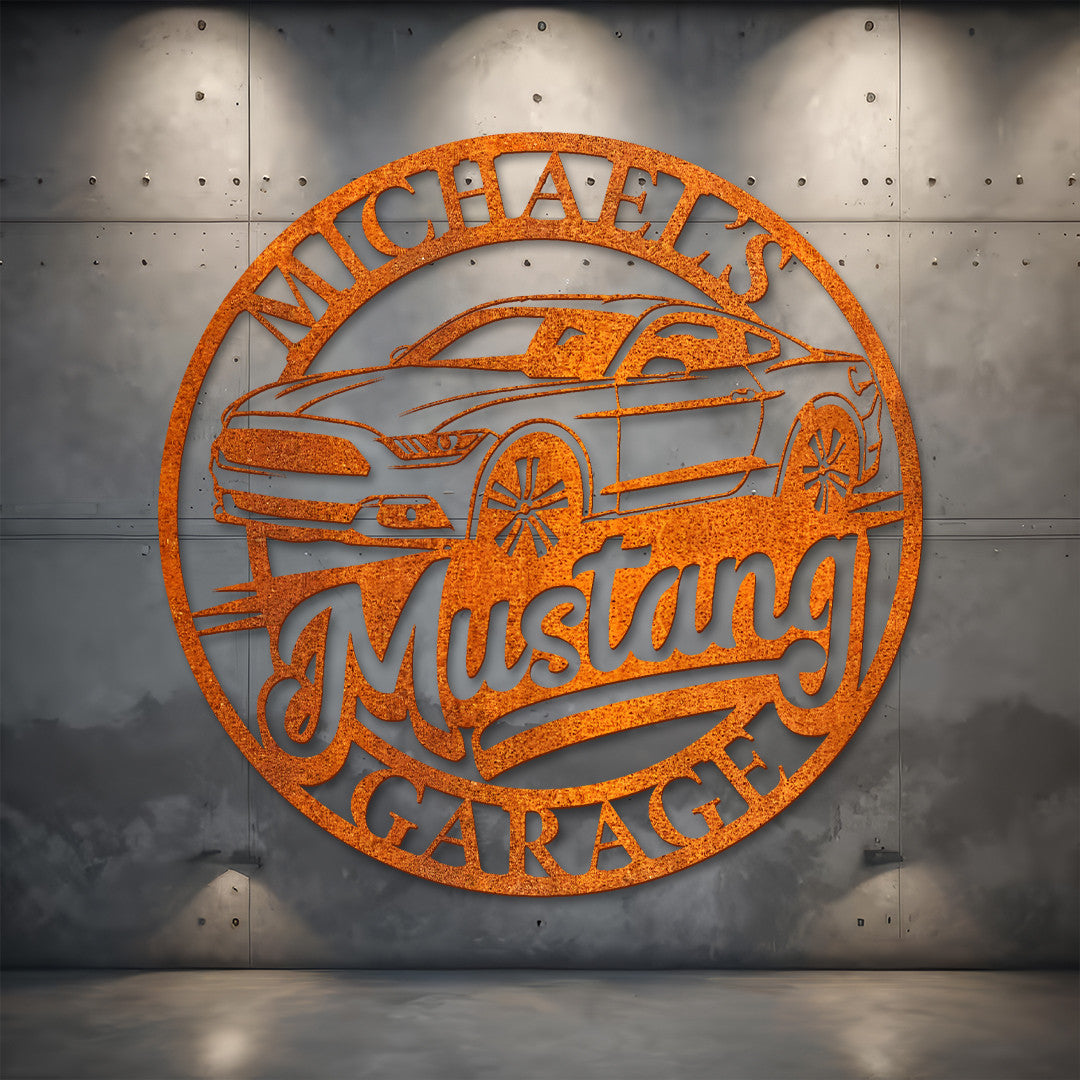 Personalized Hanging Garage Sign Metal, Garage Metal Wall Art, Muscle Car Name Sign, Mustang Garage, Custom Garage Metal Sign, Father's Day Gift