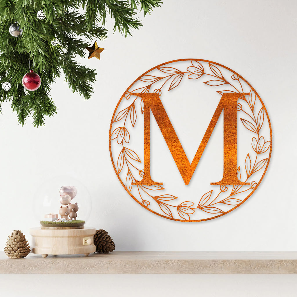 Metal Circle Letter Monogram Sign Wall Monogram Sign Couples Gift Letter Decor, Letter Vine Monogram Wedding Gift, Last Name Metal Sign
