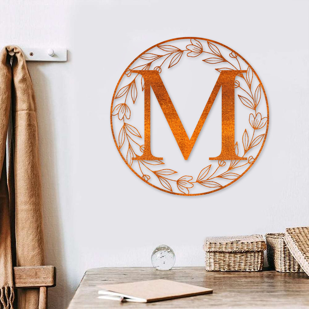 Metal Circle Letter Monogram Sign Wall Monogram Sign Couples Gift Letter Decor, Letter Vine Monogram Wedding Gift, Last Name Metal Sign
