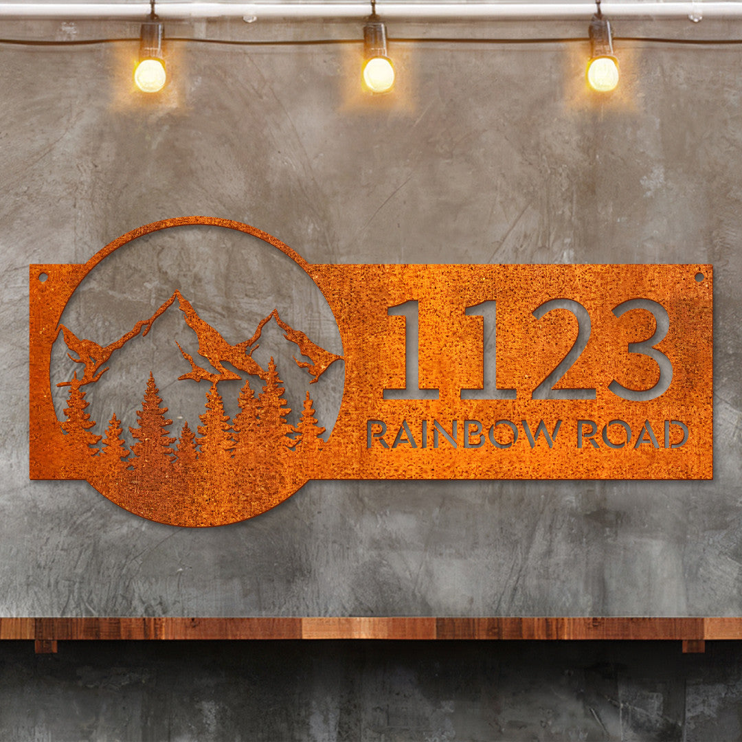 Personalized Mountain Scene Metal Address Sign House Number Sign Hanging Address Plaque Yard Sign, Outdoor Sign Housewarming Gift
