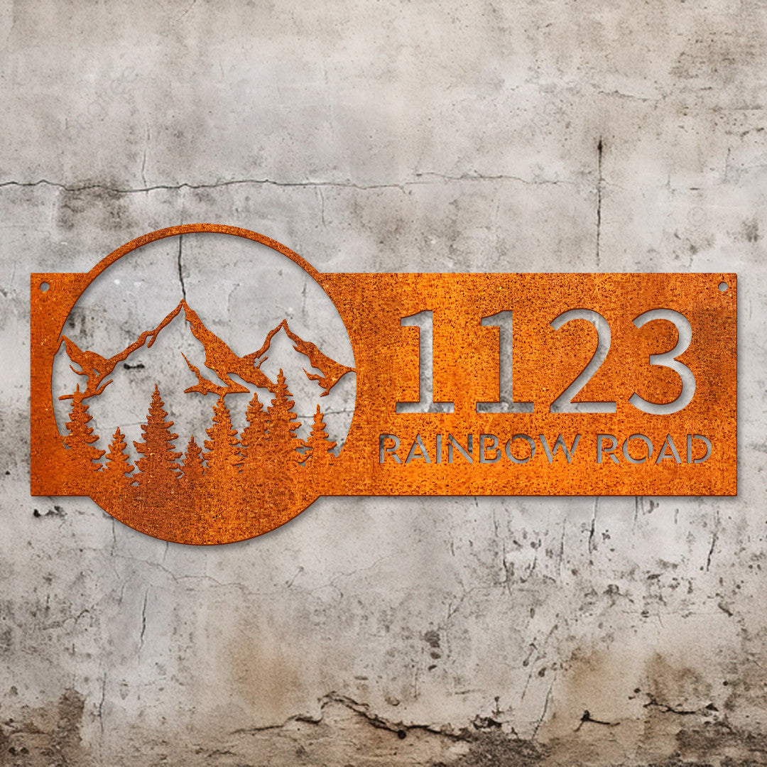 Personalized Mountain Scene Metal Address Sign House Number Sign Hanging Address Plaque Yard Sign, Outdoor Sign Housewarming Gift