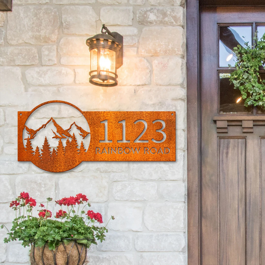 Personalized Mountain Scene Metal Address Sign House Number Sign Hanging Address Plaque Yard Sign, Outdoor Sign Housewarming Gift