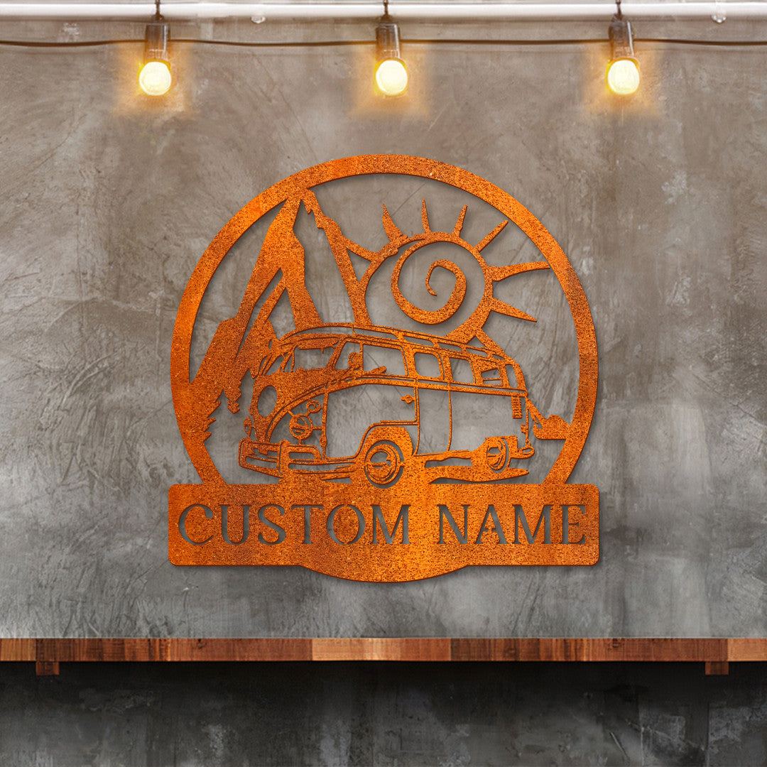 Custom Bus Camping Car Metal Wall Art Led Light Personalized Hippie Bus Van Name Sign Home Decor Cabin Decor Camping Sign Happy Camper Van
