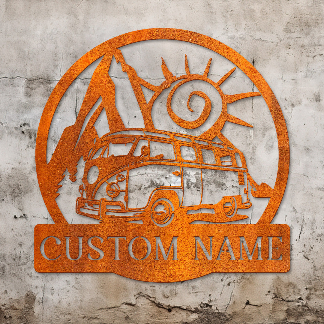 Custom Bus Camping Car Metal Wall Art Led Light Personalized Hippie Bus Van Name Sign Home Decor Cabin Decor Camping Sign Happy Camper Van