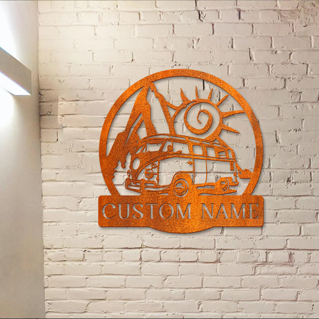 Custom Bus Camping Car Metal Wall Art Led Light Personalized Hippie Bus Van Name Sign Home Decor Cabin Decor Camping Sign Happy Camper Van