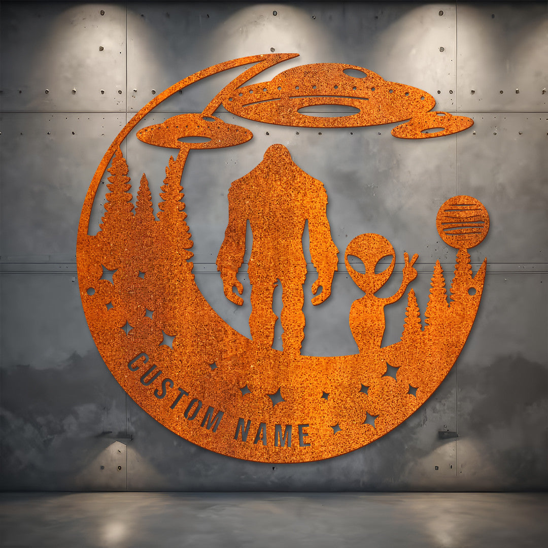 Bigfoot Metal Sign Bigfoot And Alien Metal Wall Led Light, Bigfoot Metal Art Bigfoot Ufo Sign, House Decor, Housewarming Gift, Bigfoot Ufo Decor