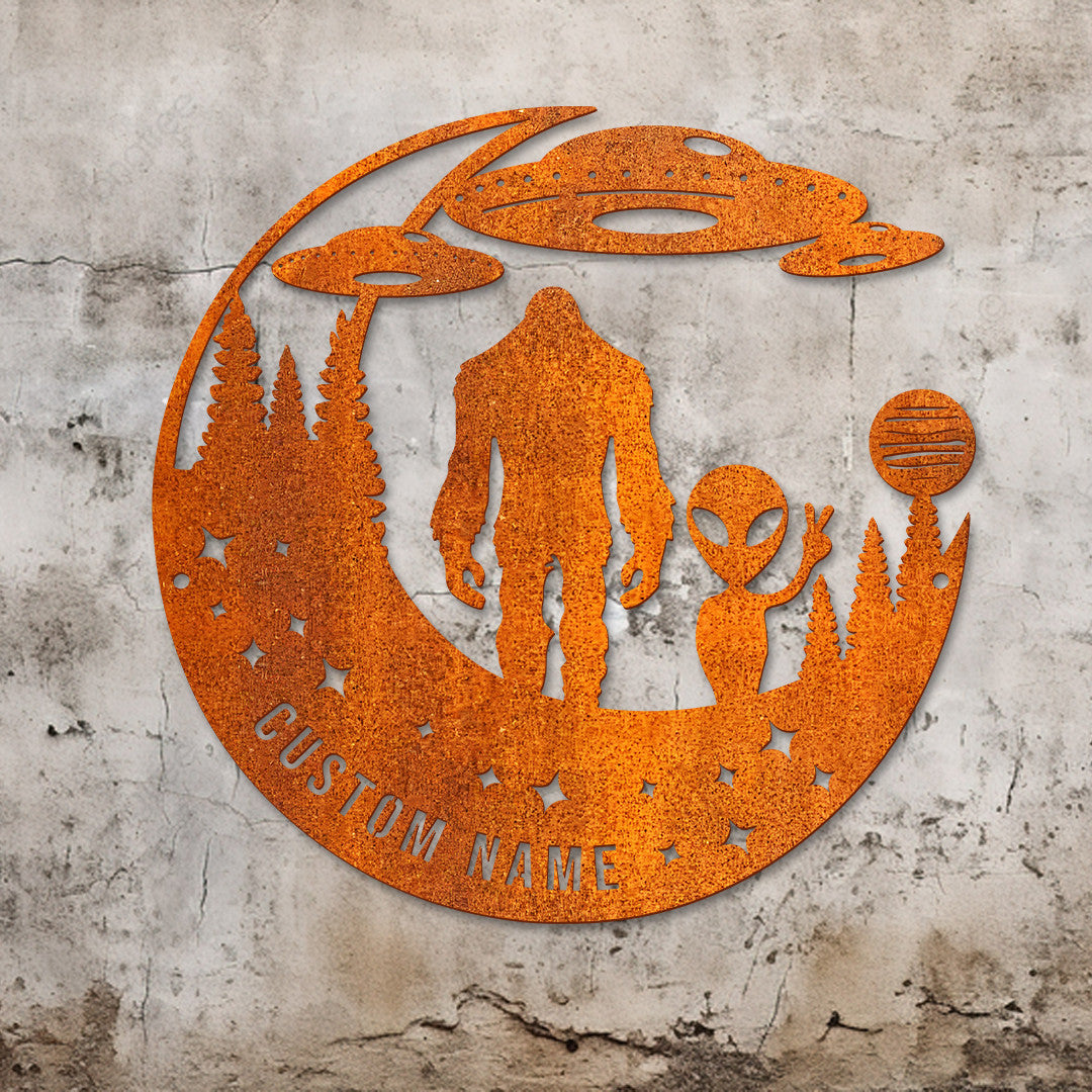 Bigfoot Metal Sign Bigfoot And Alien Metal Wall Led Light, Bigfoot Metal Art Bigfoot Ufo Sign, House Decor, Housewarming Gift, Bigfoot Ufo Decor