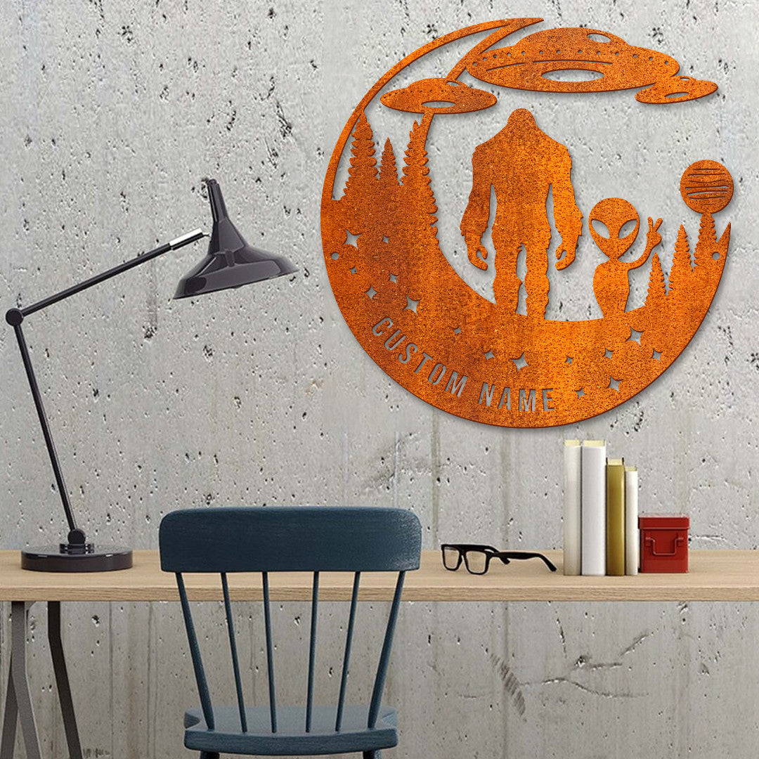 Bigfoot Metal Sign Bigfoot And Alien Metal Wall Led Light, Bigfoot Metal Art Bigfoot Ufo Sign, House Decor, Housewarming Gift, Bigfoot Ufo Decor