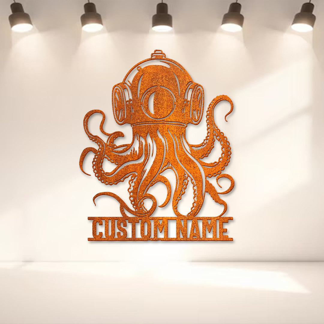 Custom Diving Helmet Metal Wall Art Led Personalized Scuba Helmet Name Sign Octopus Art Beach House Decor Diving Lover Gift Birthday Gift