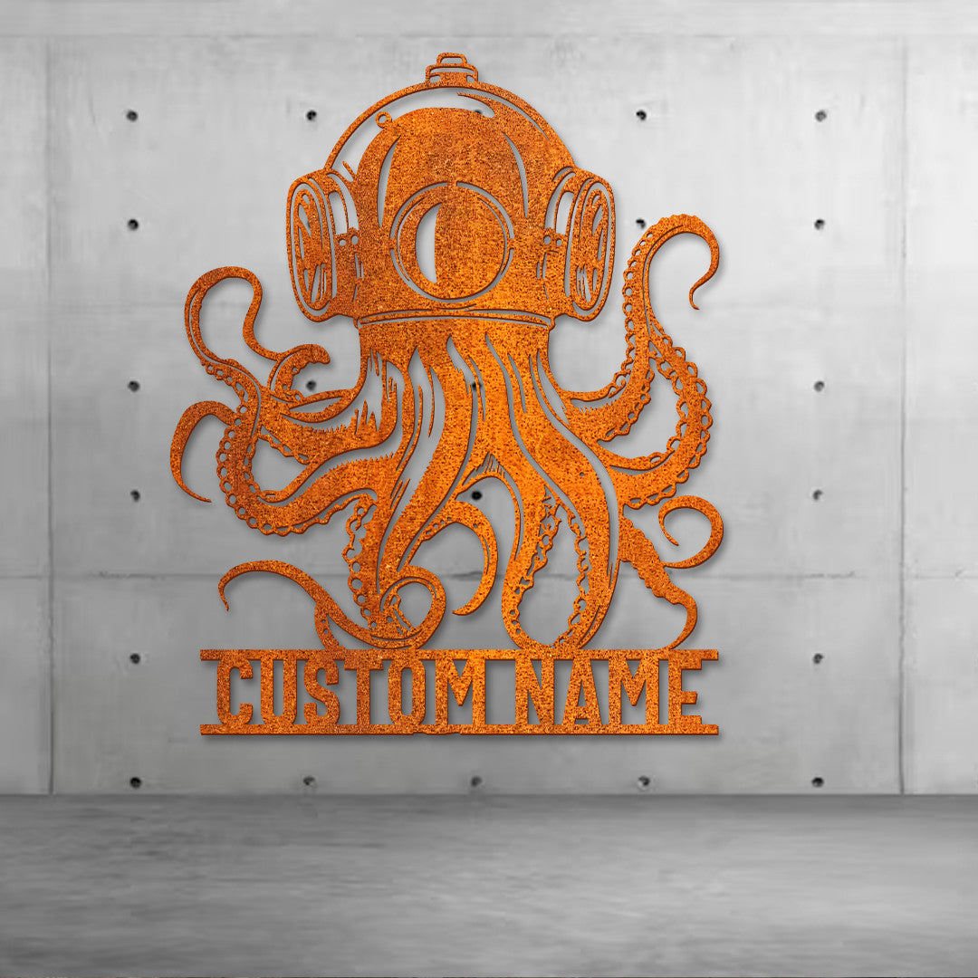 Custom Diving Helmet Metal Wall Art Led Personalized Scuba Helmet Name Sign Octopus Art Beach House Decor Diving Lover Gift Birthday Gift