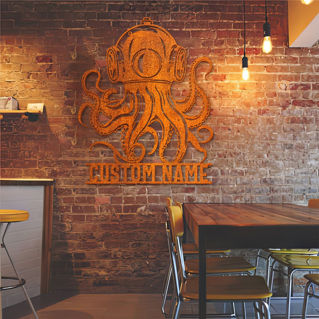 Custom Diving Helmet Metal Wall Art Led Personalized Scuba Helmet Name Sign Octopus Art Beach House Decor Diving Lover Gift Birthday Gift