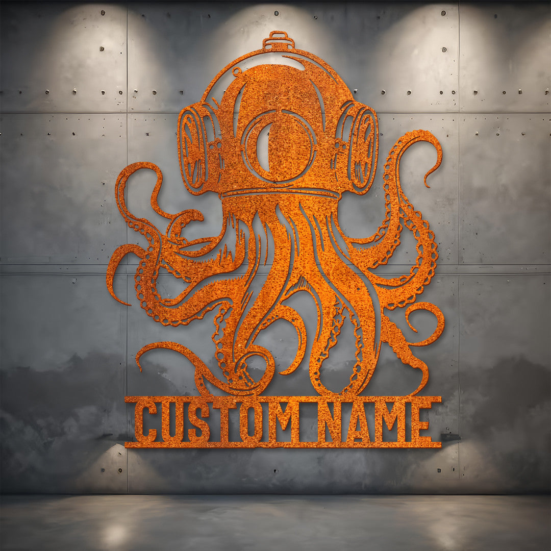 Custom Diving Helmet Metal Wall Art Led Personalized Scuba Helmet Name Sign Octopus Art Beach House Decor Diving Lover Gift Birthday Gift