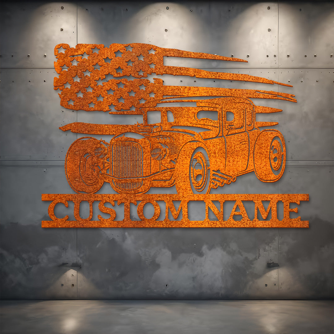 Personalized Hot Rod Metal Sign Led Light, Garage Decor, Gift For Dad, Hot Rod Metal Wall Art, Wall Hanging, Us Flag Hot Rod Sign Garage Sign