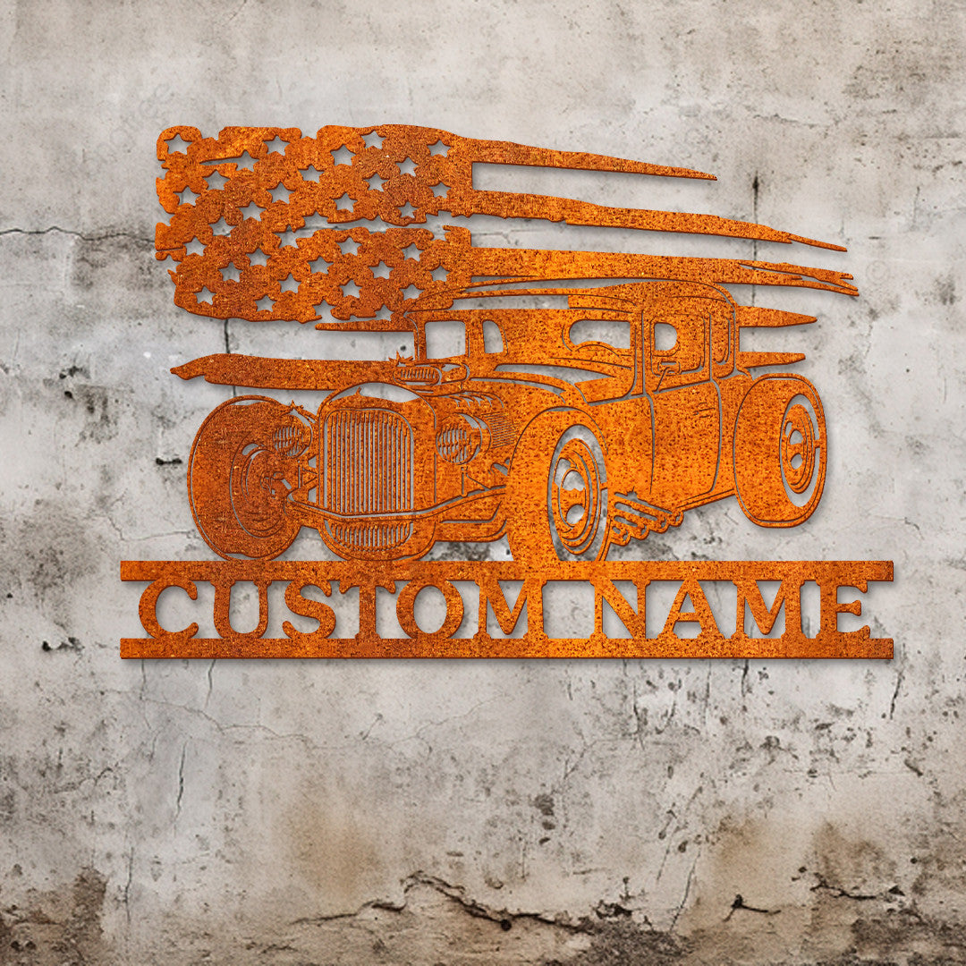 Personalized Hot Rod Metal Sign Led Light, Garage Decor, Gift For Dad, Hot Rod Metal Wall Art, Wall Hanging, Us Flag Hot Rod Sign Garage Sign